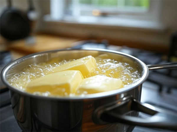 Butter kocht im Topf zu Ghee Butterschmalz. © foodfibel.de