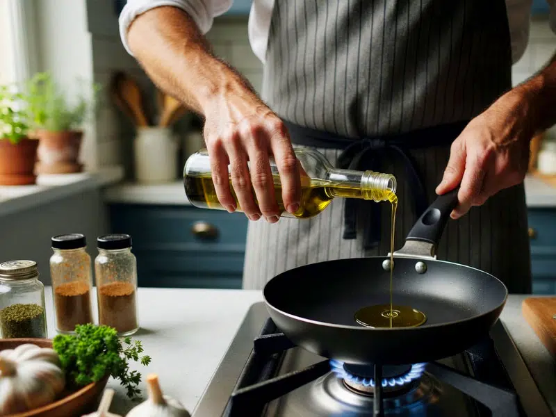 Koch gießt Öl in die Pfanne. Braten mit Pflanzenöl. © foodfibel.de