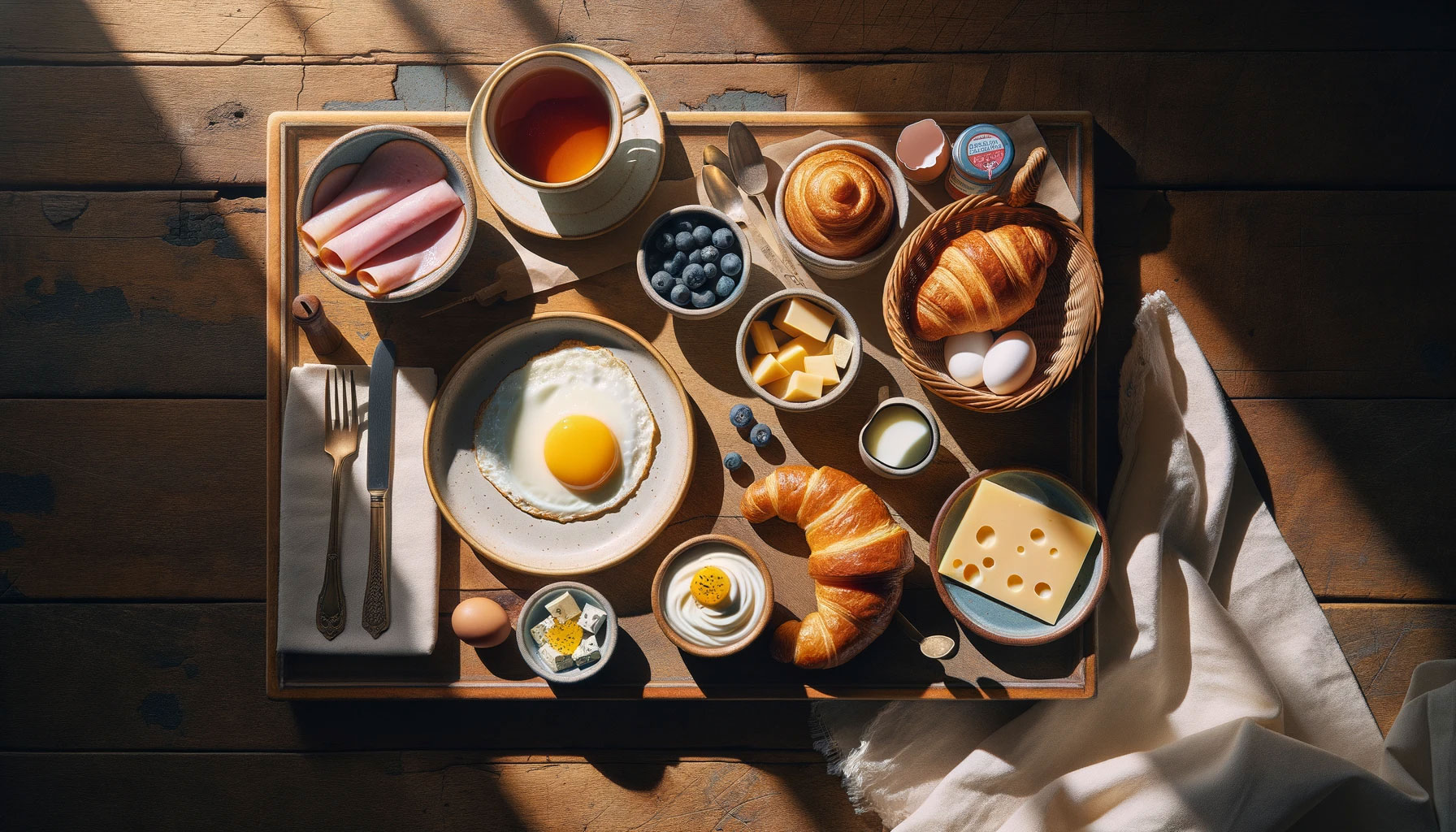 Foto: gedeckter Tisch mit Croissants, Käse, Schinken, Ei, Tee. © Foodfibel.de