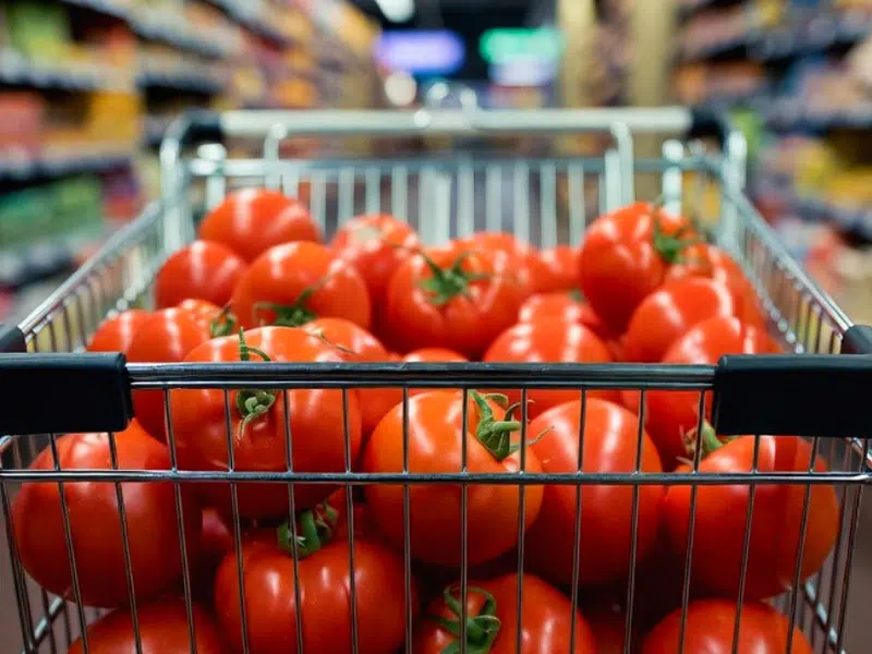 Ein Einkaufswagen randvoll mit frischen roten Tomaten in einem Supermarktgang - symbolisiert die 10 Kilogramm Tomaten, die laut Lycopin-Tierstudie täglich nötig wären, um die untersuchten Effekte zu erzielen.