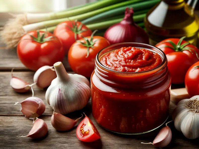 Tomatenmark ist weniger schädlich als die ganze, rohe Tomate. Glas mit Tomatenmark und weiteren Zutaten Knoblauch, Lauch und Zwiebeln. © foodfibel.de