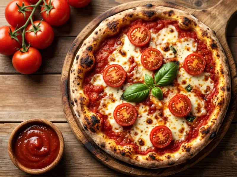 Tomaten, Tomatenmark im Glas, Pizza mit Tomatenmark und Basilikum-Blättern auf einem Holztisch. © Foodfibel.de