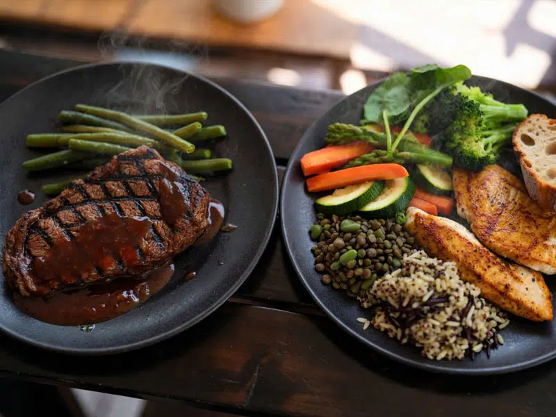 Zwei Teller im Vergleich: Links ein dampfendes Rindersteak mit Soße und grünem Gemüse auf dunklem Holztisch – proteinreich, für den starken Magentyp der Blutgruppe 0. Rechts ein heller Teller mit Fisch, Quinoa, Hülsenfrüchten und Gemüse – kohlenhydratreich, für den schwachen Magentyp der Blutgruppe A.