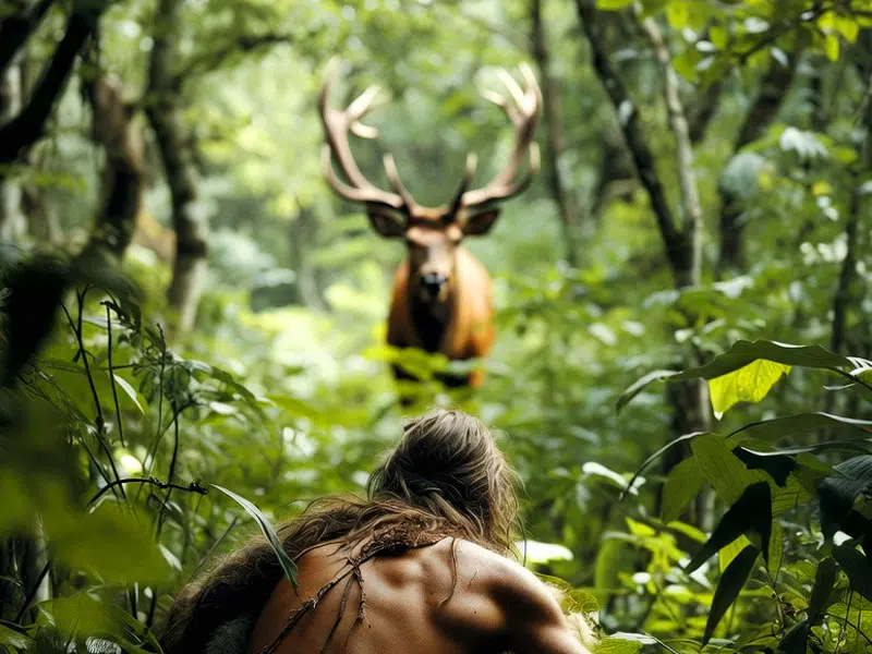 Ein Jäger pirscht sich im dichten Wald geduckt an den Hirsch. © foodfibel.de