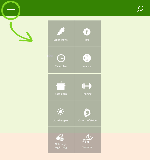 Screenshot Navigation der Foodfibel-App: Lebensmitel, Praxistipps, Tagesplan, Intensivprogramm, Kochideen, Trainingstipps, Lichttherapie, chronische Infektionen, Biohacks, Nahrungsergänzung. © foodfibel.de