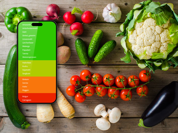 Infografik: Welche Nahrung wirkt antientzündlich? Foodfibel App zeigt die Liste antientzündlicher Lebensmittel. Im Hintergrund liegen verschiedene Gemüse auf dem Tisch verteilt. Foto: Mixed vegetables on wooden table, © Leszek Czerwonka u. Foodfibel.de