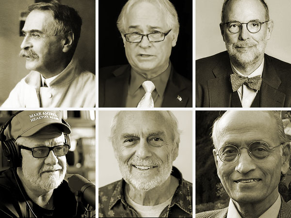 Gruppenbild der Mediziner, Biologen und Ernährungsforscher. Blutgruppen Entdecker und Nobelpreisträger Karl Landsteiner, Dr. Thomas Levy, Blutgruppenforscher Peter D'Adamo, Neurochirurg und Lichtgure Jack Kruse, Entgiftungsforscher Dietrich Klinghardt, und Ayurveda Vasant Lad © Kollage, Foodfibel.de
