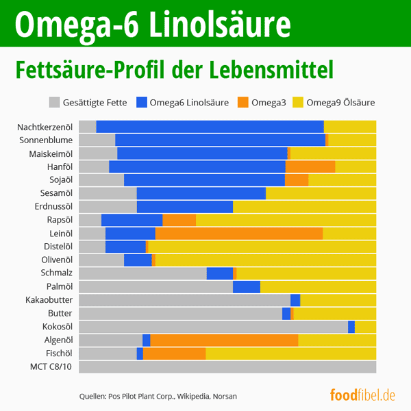 Gehalt in Lebensmitteln: gesättigte Fette, Omega-6 Linolsäure, Omega-3 und Omega-9 Ölsäure. Balkendiagramm. © foodfibel.de