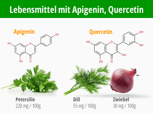 Infografik: Lebensmittel mit Apigenin und Quercetin. © foodfibel.de