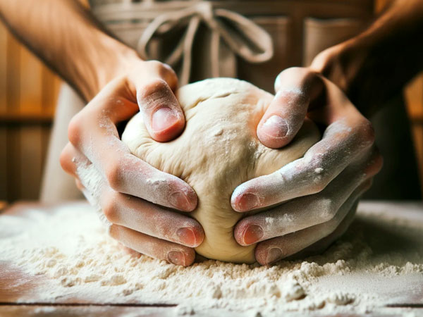 Brot backen, Hände kneten Teig und Mehl. © Foodfibel.de