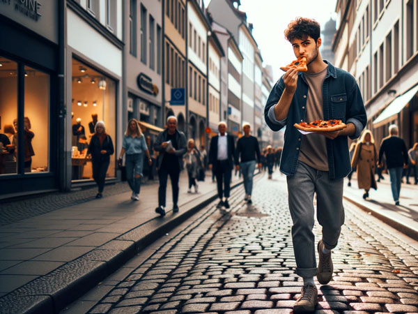 Junger Mann isst ein Stück Pizza auf der Straße. © Foodfibel.de