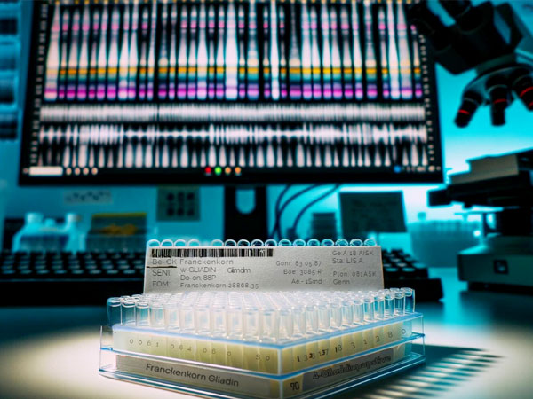 Foto: Laborsetting mit Probenröhrchen und Genssequencing auf dem Monitor. © Foodfibel.de
