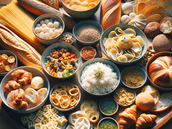 Foto: Tisch gedeckt mit leckeren und stilvoll angerichteten Getreidegerichten Broten, Croissant, Nudelgericht, Kekse, Baguette, Körnschale. © Foodfibel.de