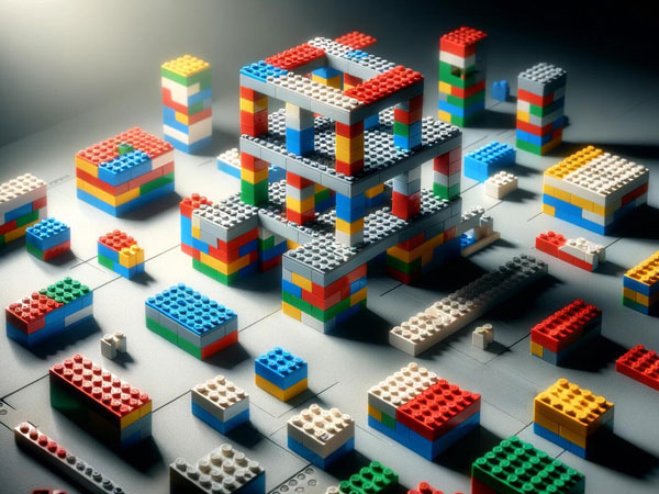 Schaubild: Legosteine als Grundbausteine für komplexe Strukturen veranschaulichen das Prinzip von Auf- und Abbau, Assimilation und Verdauung. © Foodfibel.de