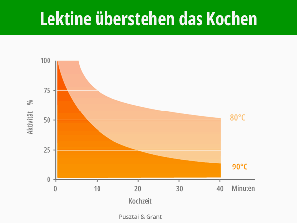 Infografik: Lektinaktivität und Kochzeiten bei Kochtemperatur 80 und 90 °C. © Foodfibel.de