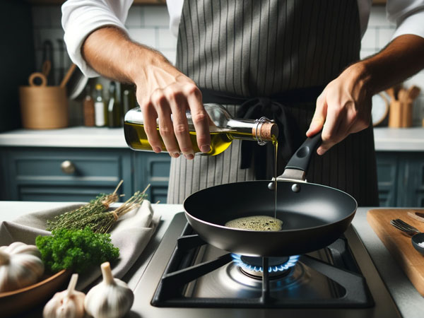 Koch gießt Öl in die Pfanne. Braten mit Pflanzenöl. © foodfibel.de