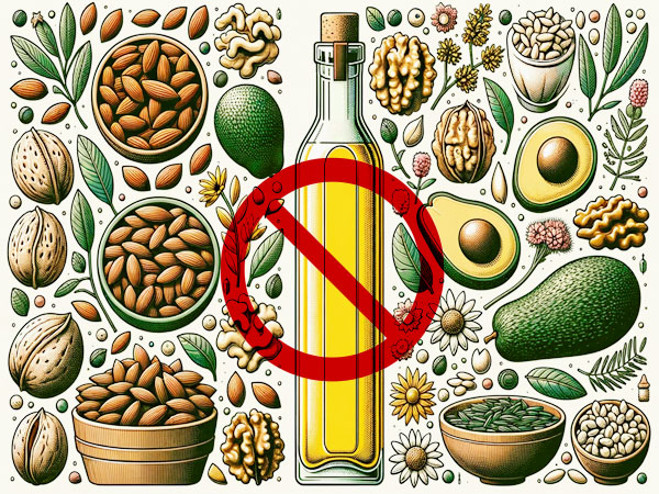 Infografik: Ölsaaten und ihre Pflanzenöle. Die Flasche mit Pflanzenöl ist mit einem Verbotszeichen markiert. © foodfibel.de