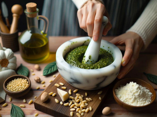 Pesto im Mörser mit Olivenöl und weiteren Zutaten. © foodfibel.de