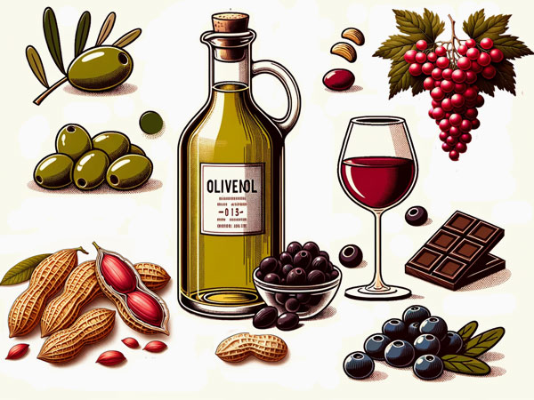 Infografik: Sirtuin-aktivierende Lebensmittel Olivenöl, Schokolade, Erdnüsse und Heidelbeeren. © Foodfibel.de
