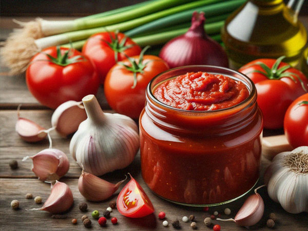 Glas mit Tomatenmark und weiteren Zutaten Knoblauch, Lauch, Zwiebeln und Pfeffer. © foodfibel.de