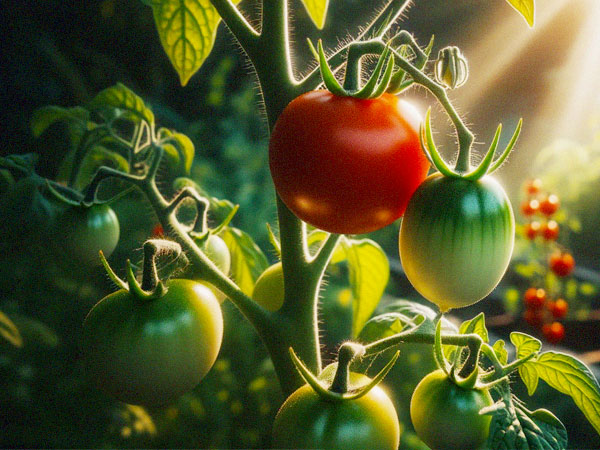 Unreife grüne Tomaten und reife rote Tomaten am Strauch. © Foodfibel.de