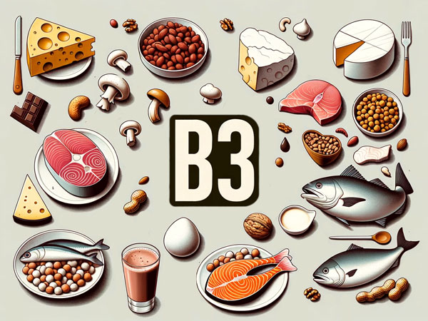 Infografik: Vitamin B3 in Lebensmitteln Fisch, Käse, Nüsse, Erdnüsse, Kakao, Schokolade u.a. © Foodfibel.de