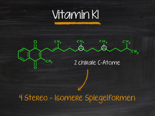 Vitamin K1 Strukturformel mit chiralen C-Atomen. © foodfibel.de .