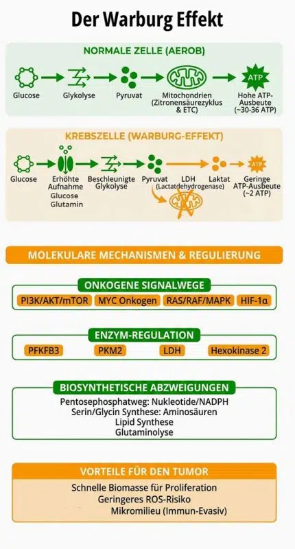 Infografik: Der Warburg Effekt. Normale Zelle im Vergleich zur Krebszelle, Molekulare Mechanismen, onkogene Signalwege, Enzym Regulation, Vorteile für den Tumor. (c) Foodfibel.de