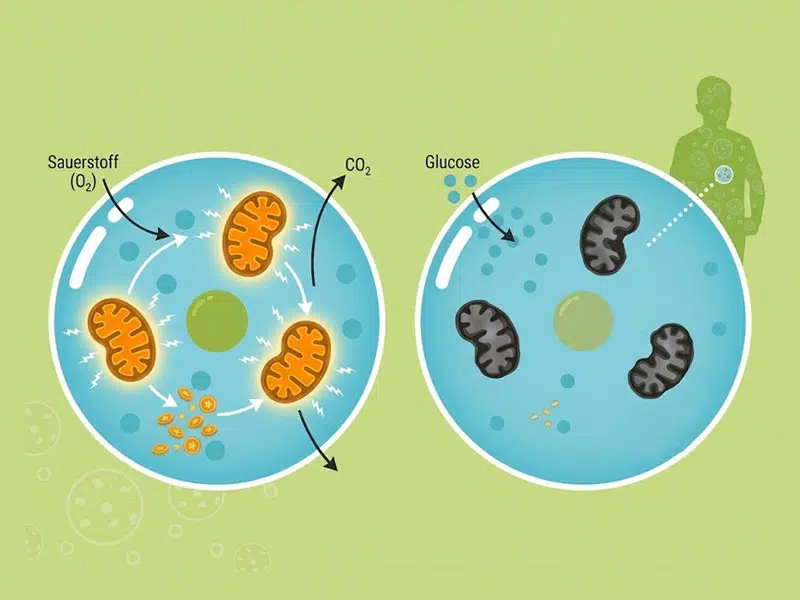 Schematische Darstellung des Warburg-Effekts: Links eine gesunde Zelle mit aktiven, leuchtenden Mitochondrien und Sauerstoffatmung. Rechts eine Tumorzelle mit fragmentierten, dunklen Mitochondrien und Glykolyse als Energiequelle. © Foodfibel.de