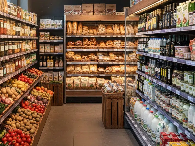 Foto: Bioladen mit Regalauslagen: Gemüse, Backwaren, Öle und Konserven. (c) foodfibel.de