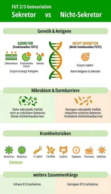 Infografik: Sekretor vs. Nicht-Sekretor. Gene und Antigene, Mikrobiom und Darmbarriere, Krankheitsrisiken. (c) Foodfibel.de
